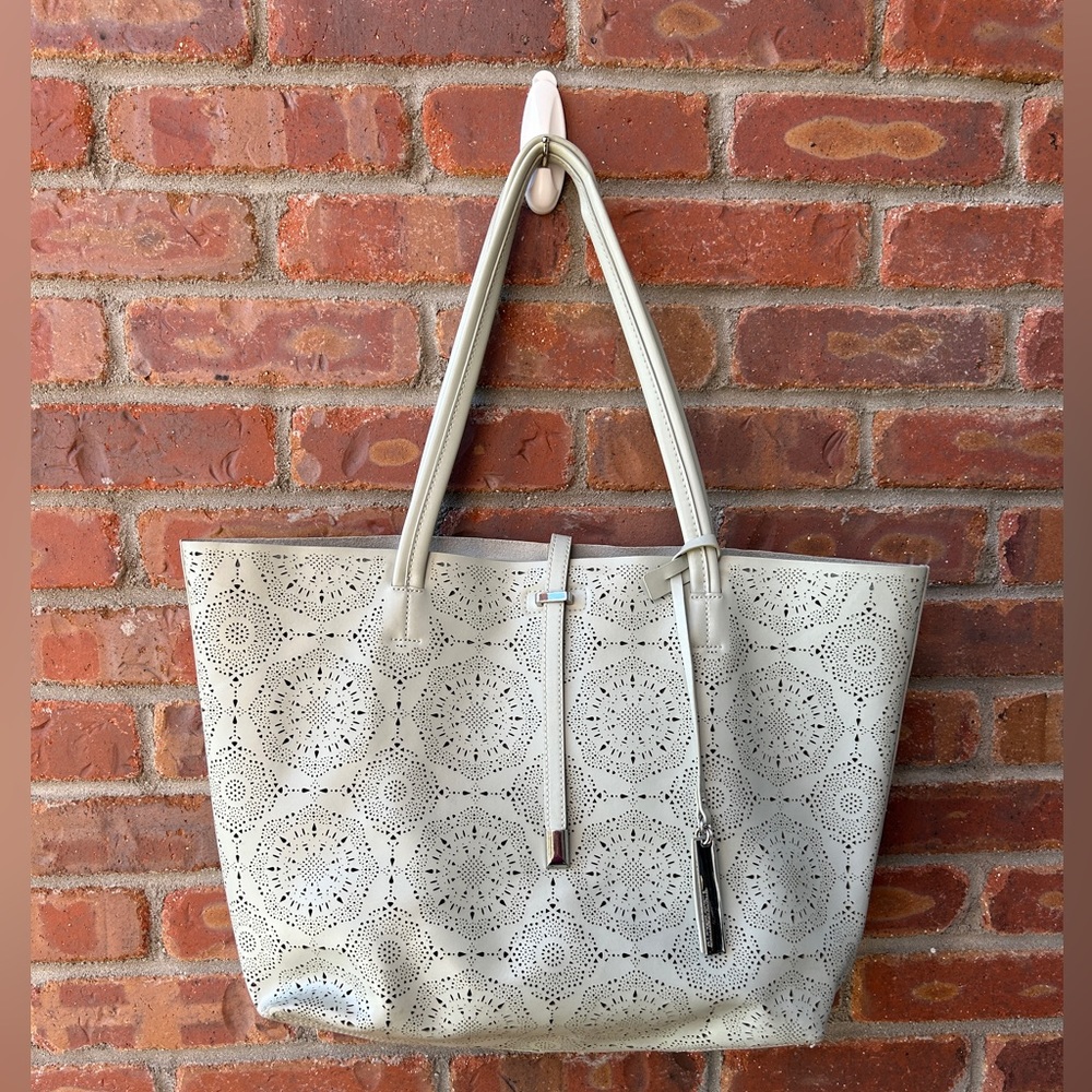 Vince Camuto Leila Laser Cut Leather Shoulder Tote in Blue Hint with Silver